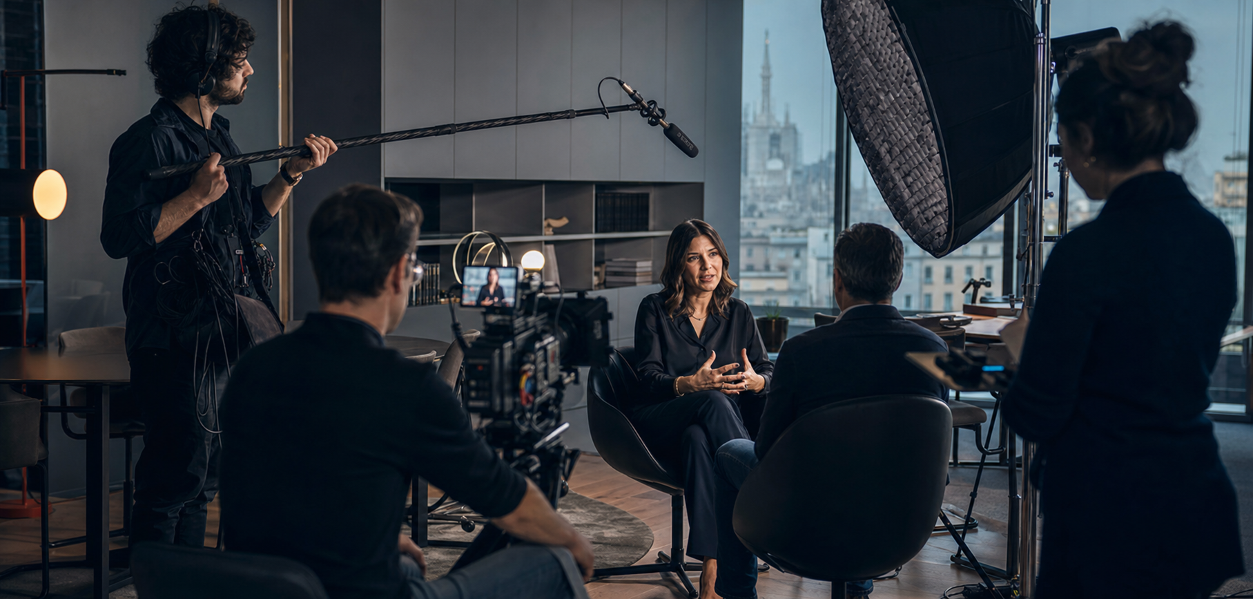 Set di un'intervista video con luci e camera